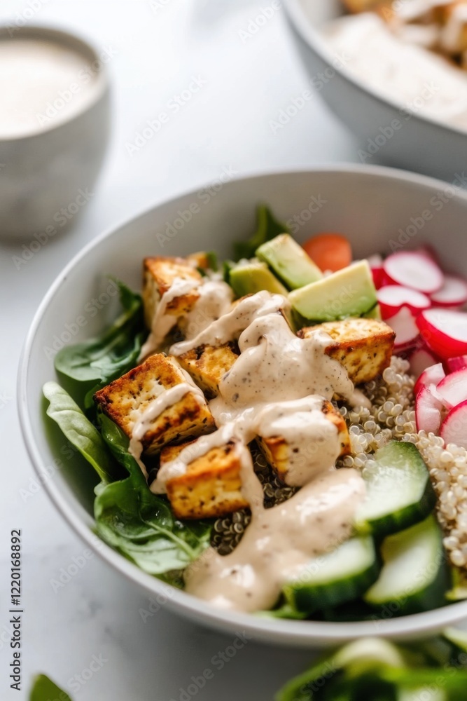 Quinoa salad with roasted tofu, avocado, and tahini dressing in serene setting Quinoa salad with roasted tofu, avocado, and tahini dressing in serene setting
