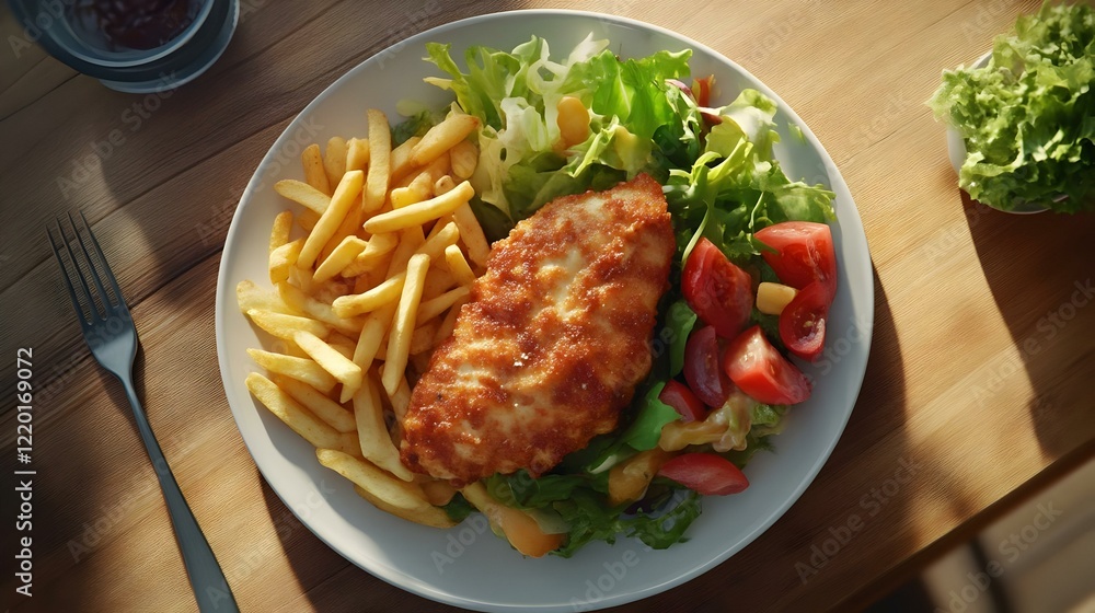 Fried Chicken Schnitzel with Fries and Salad Fried Chicken Schnitzel with Fries and Salad