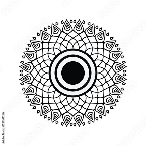 The black color mandala and white color background and center point black design 