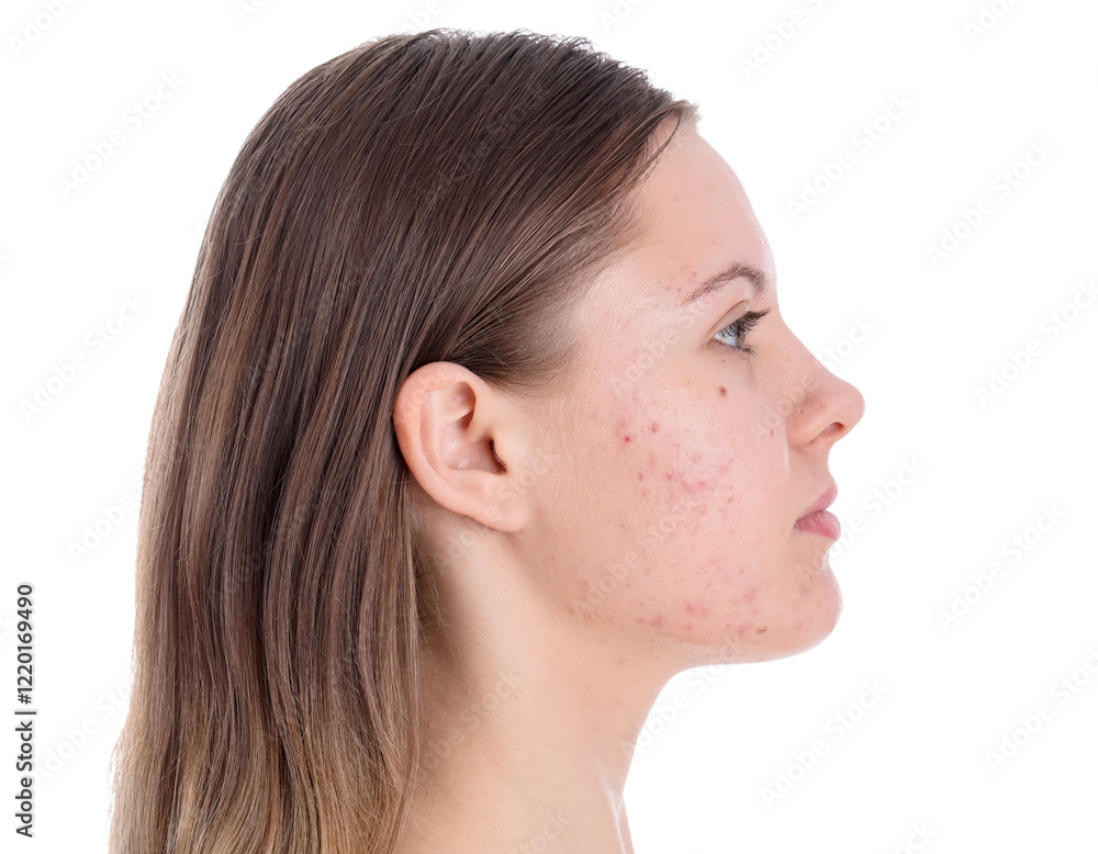 Teenage girl with acne problem on white background, closeup Teenage girl with acne problem on white background, closeup