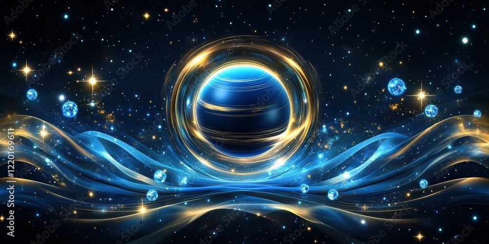 Obraz premium Elegant cosmic wallpaper featuring a central navy blue and gold planet with swirling water-like patterns, surrounded by sparkling blue gemstones and glittering stars on a black background