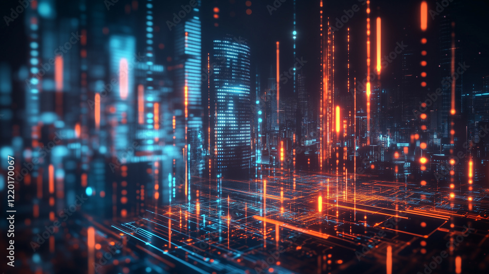 Futuristic Cityscape With Glowing Digital Data Streams Futuristic Cityscape With Glowing Digital Data Streams