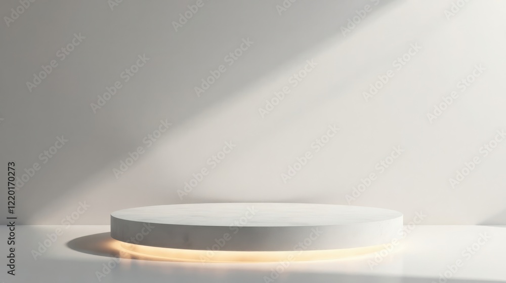 Illuminated Circular Pedestal Against a Clean White Wall, Perfect for Product Display and Modern Minimalist Designs Illuminated Circular Pedestal Against a Clean White Wall, Perfect for Product Display and Modern Minimalist Designs