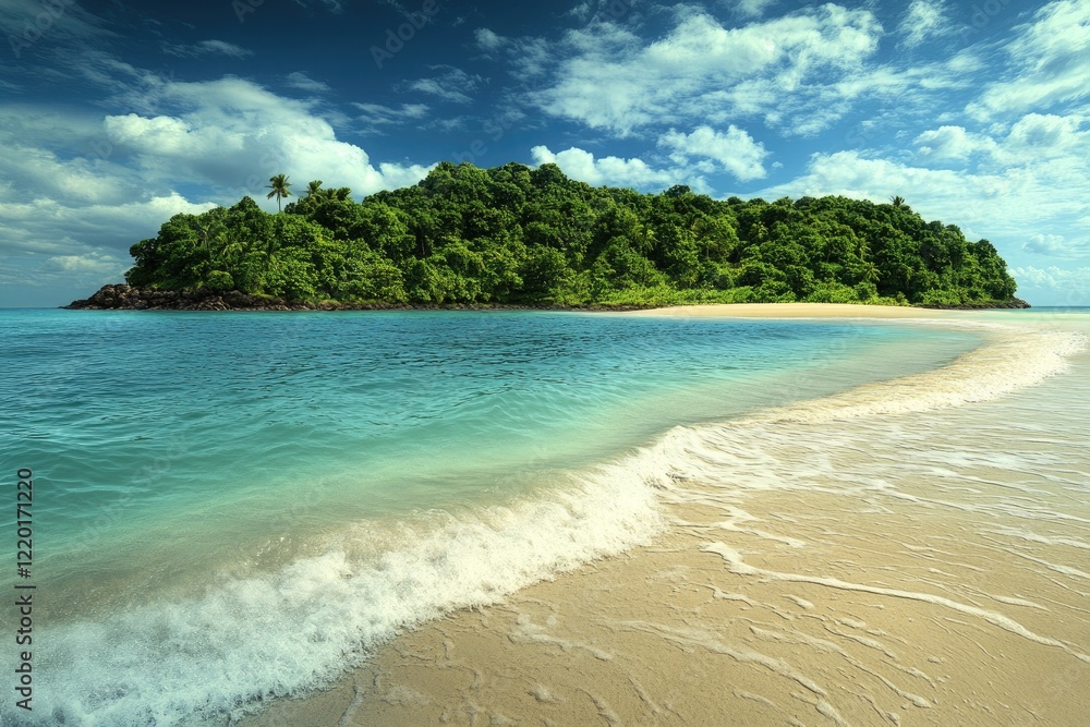 An idyllic view of a remote tropical island surrounded by azure waters, showcasing vibrant vegetation and a pristine beach, with waves lapping gently at the shore, evoking a sense of tranquility. An idyllic view of a remote tropical island surrounded by azure waters, showcasing vibrant vegetation and a pristine beach, with waves lapping gently at the shore, evoking a sense of tranquility.