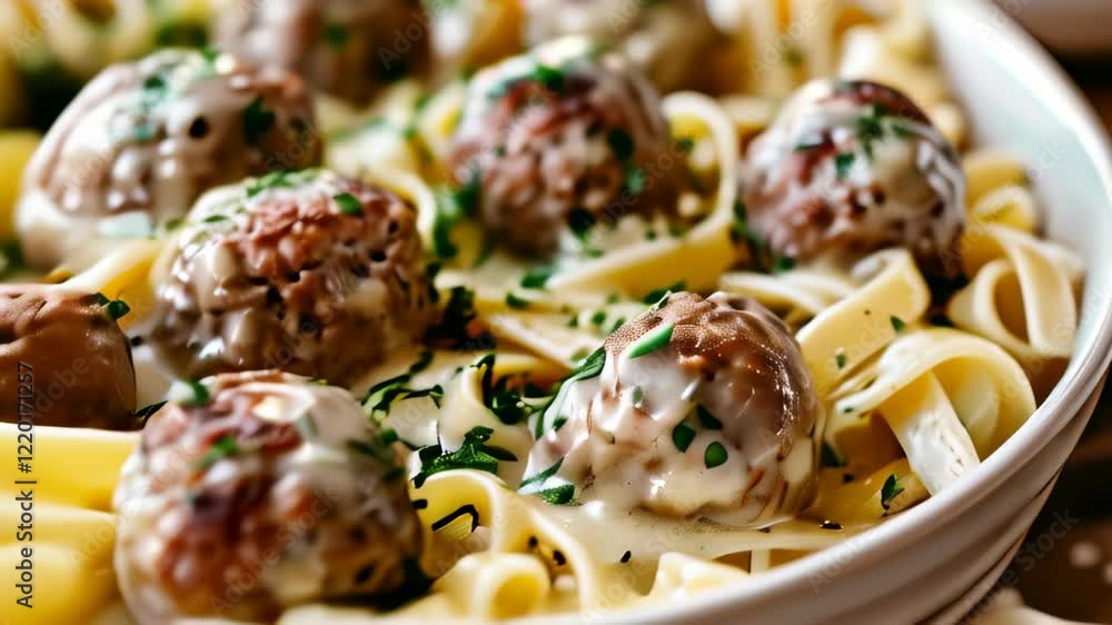 Homemade creamy fettuccine with meatballs and fresh herbs in a cozy kitchen setting Homemade creamy fettuccine with meatballs and fresh herbs in a cozy kitchen setting