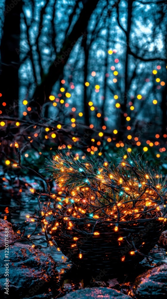 Fototapeta premium Festive Christmas Lights in Basket Winter Wonderland Holiday Decor