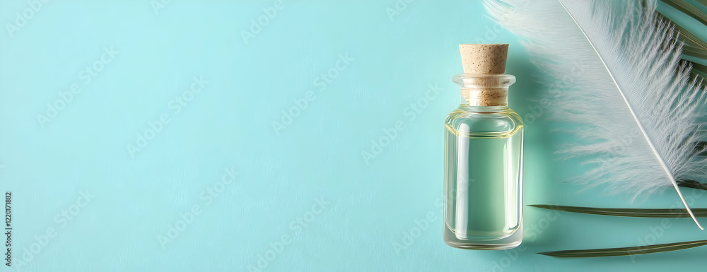 Essential oil bottle, feather, blue background Essential oil bottle, feather, blue background