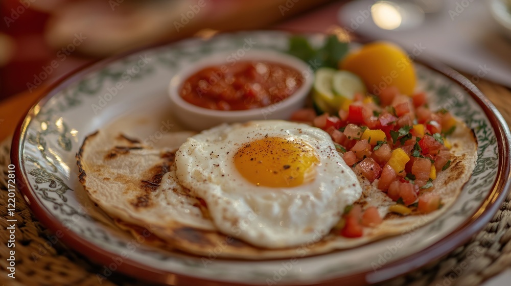 Delicious Breakfast: Fried Egg with Salsa and Tortilla Delicious Breakfast: Fried Egg with Salsa and Tortilla