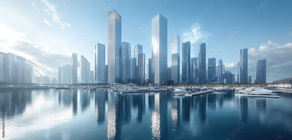 Fototapeta premium An impressive urban skyline by the marina, with sleek skyscrapers forming the business district and reflecting on the marina's still waters. 