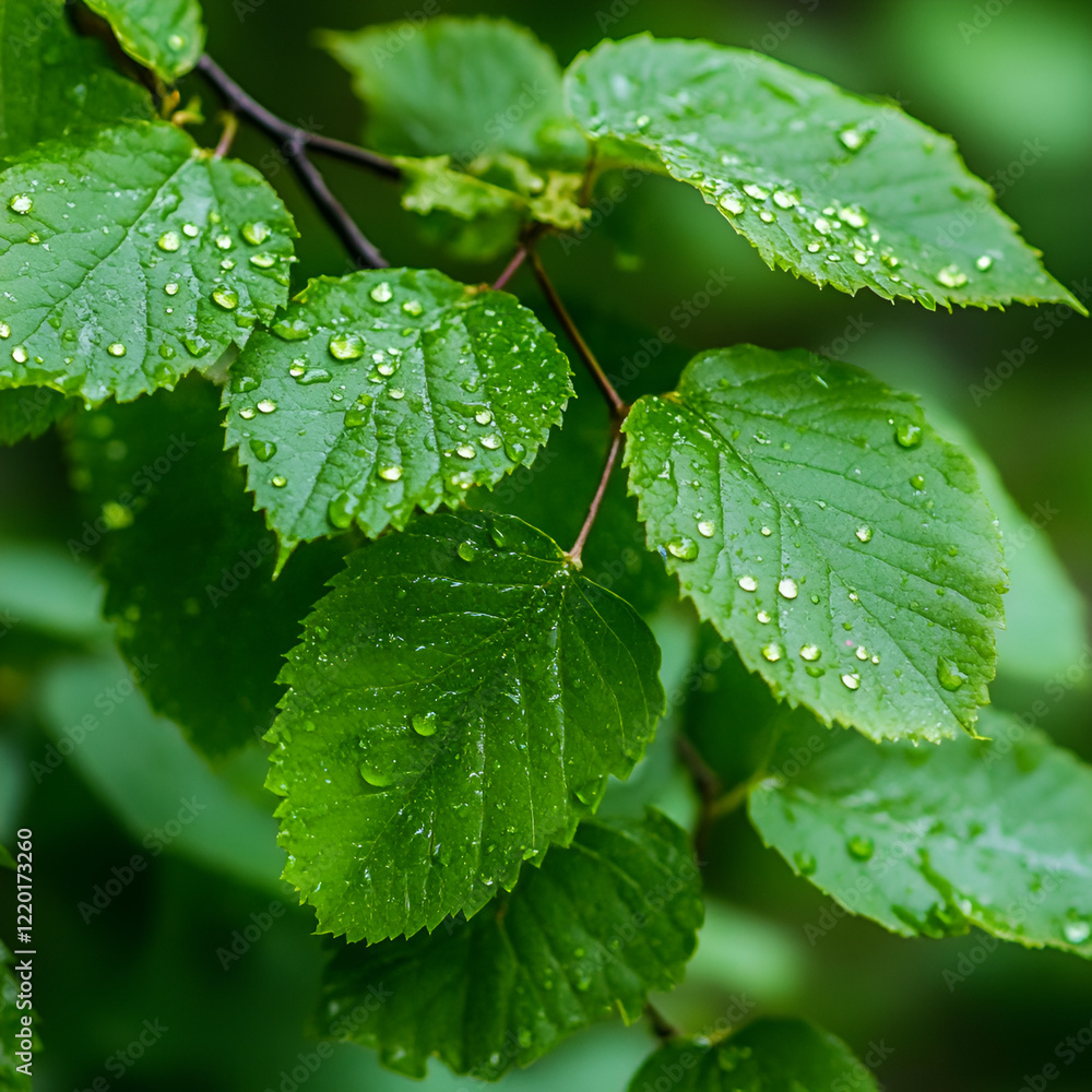 Raindrops on Leaves: A serene close-up of dew-kissed green leaves after a gentle rain, showcasing the intricate beauty of nature's refreshing embrace. Raindrops on Leaves: A serene close-up of dew-kissed green leaves after a gentle rain, showcasing the intricate beauty of nature's refreshing embrace.