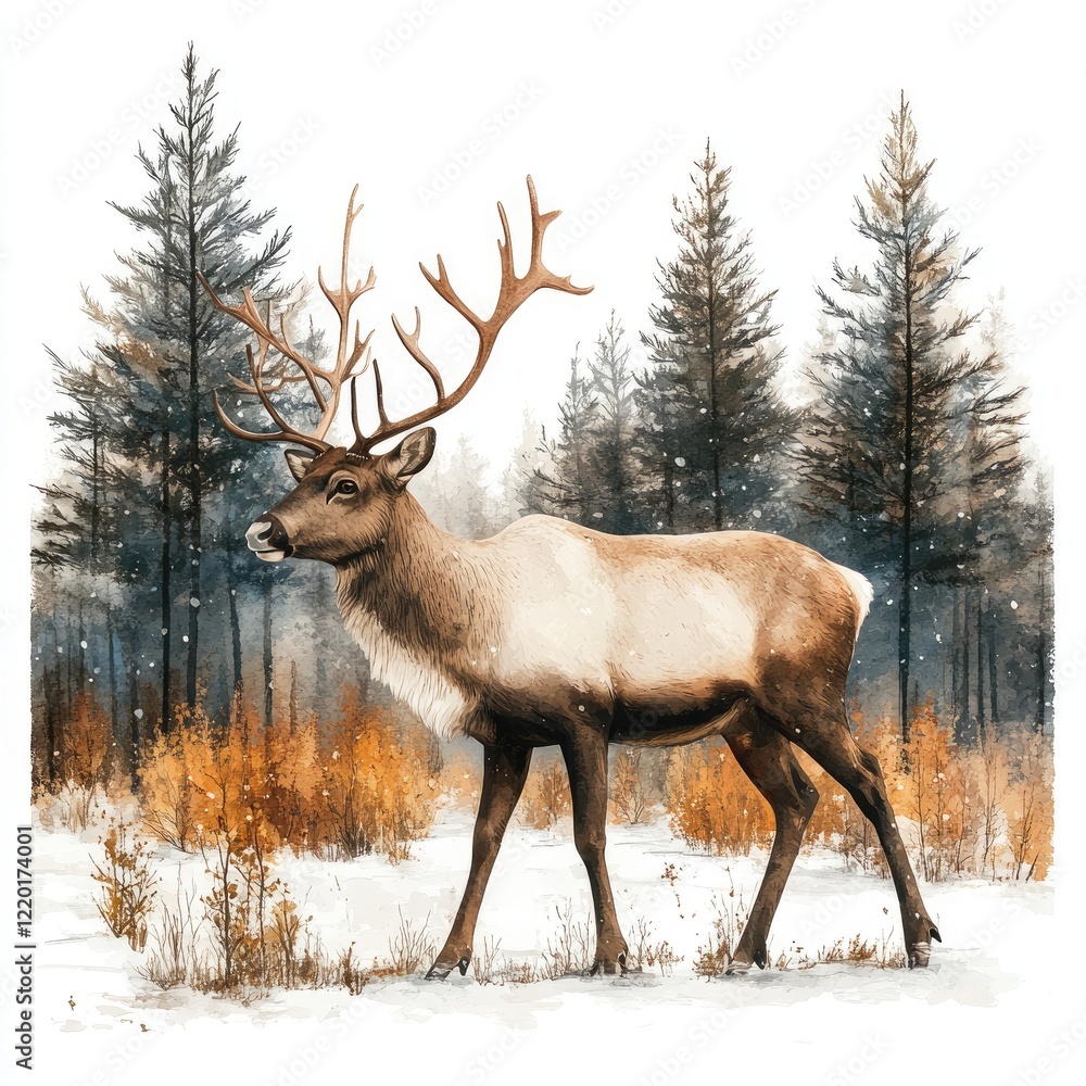 Majestic reindeer walking through a snowy forest with evergreen trees and autumn foliage in the background Majestic reindeer walking through a snowy forest with evergreen trees and autumn foliage in the background