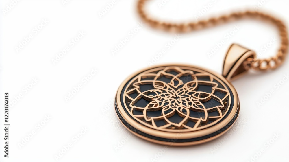A shahada pendant, jewelry element, ornate gold filigree style, deep navy highlights, isolated on white background A shahada pendant, jewelry element, ornate gold filigree style, deep navy highlights, isolated on white background