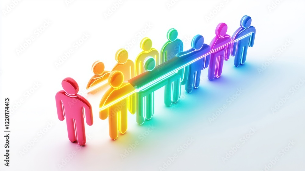 A futuristic 3D magnet with glowing magnetic lines, attracting diverse icons of people in vibrant colors, on white A futuristic 3D magnet with glowing magnetic lines, attracting diverse icons of people in vibrant colors, on white