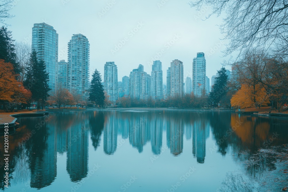 Fototapeta premium Serene Urban Lake Reflecting Skyscrapers in Autumn
