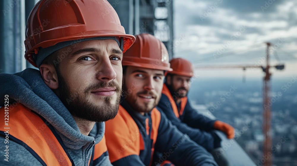 Three construction workers in safety gear pose against a city skyline, highlighting teamwork and professionalism in the building industry. Three construction workers in safety gear pose against a city skyline, highlighting teamwork and professionalism in the building industry.