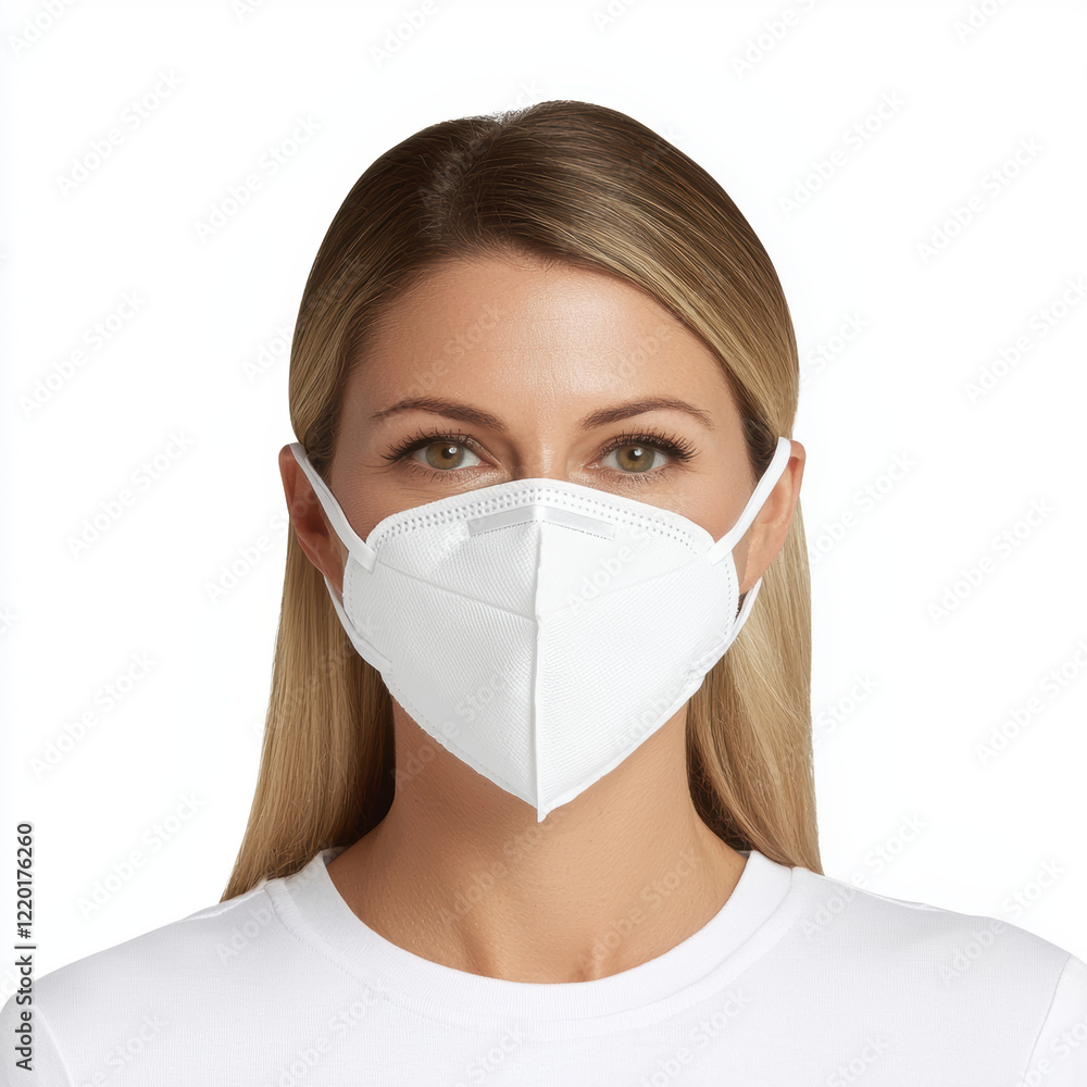 Wearing white mask, woman with long hair looks directly at camera, promoting health and safety Wearing white mask, woman with long hair looks directly at camera, promoting health and safety
