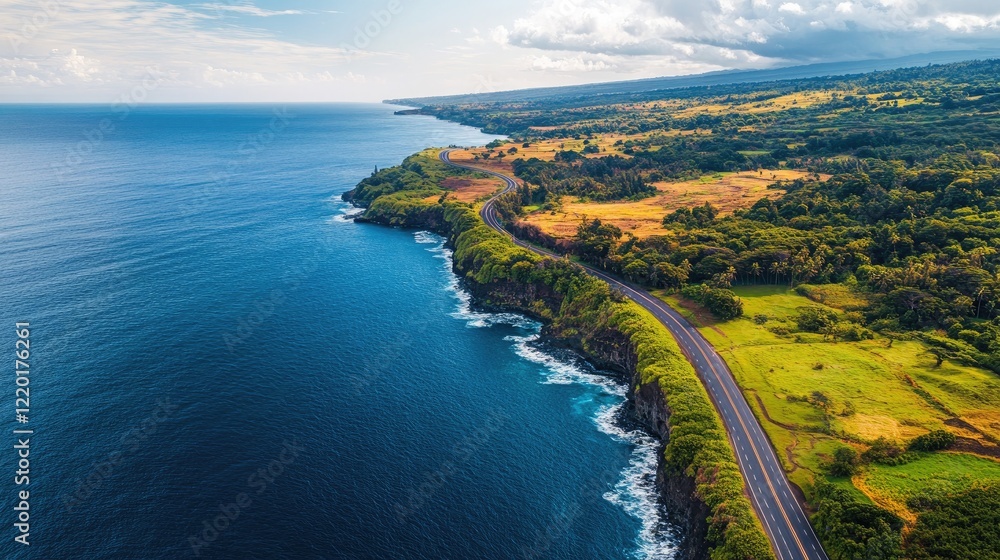 An overhead view from a drone capturing the beauty of a coastal road as it winds through picturesque landscapes, with the deep blue ocean and colorful vegetation on full display. An overhead view from a drone capturing the beauty of a coastal road as it winds through picturesque landscapes, with the deep blue ocean and colorful vegetation on full display.