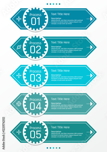 5 options business infographic template, theme of hexagon bar with gear in circle frame, also with symbols and arrows