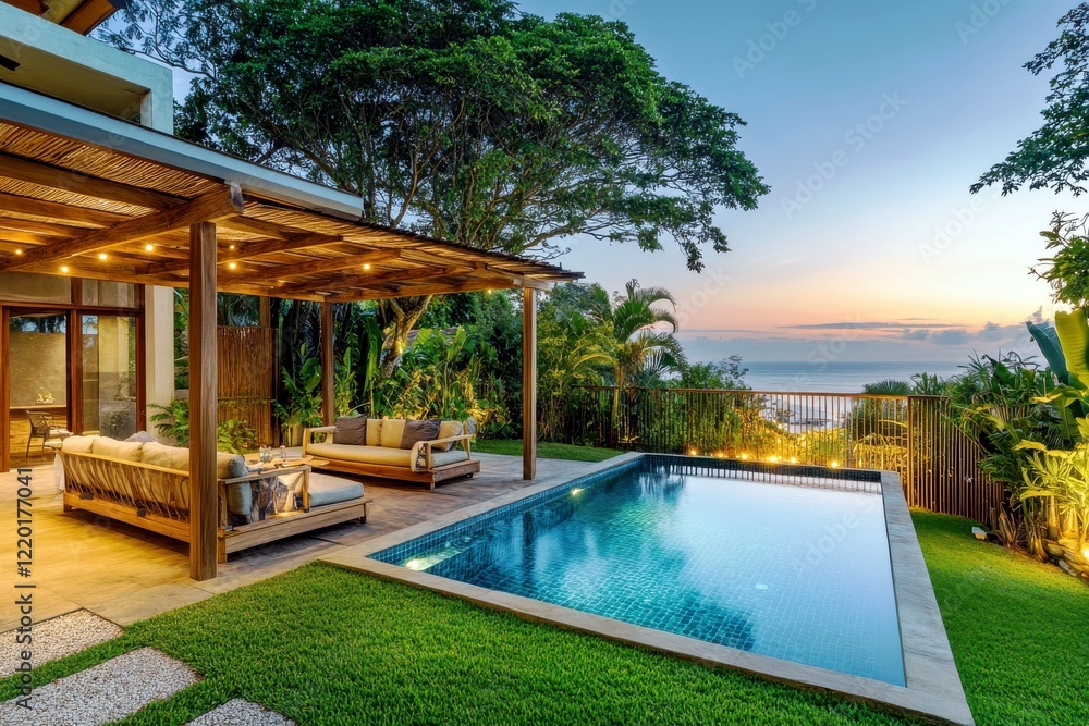 Obraz premium Luxurious outdoor patio and swimming pool with sunset view, modern furniture, lush greenery, and serene atmosphere in a tropical setting