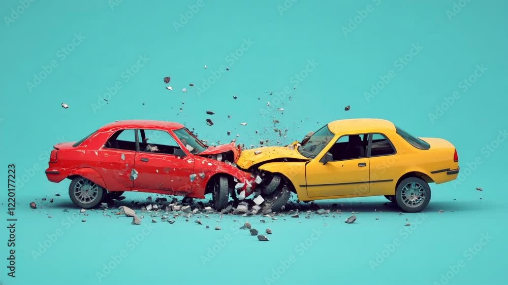 A red car is smashed into a yellow car. The scene is chaotic and ...