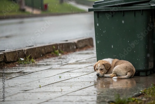 Stray dog rest near trash bin in cold rain. Homeless animal sad scene