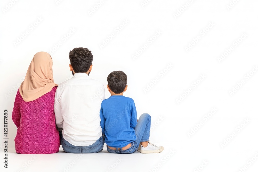 Family sitting together, facing a blank wall, showcasing unity and togetherness in a serene environment Family sitting together, facing a blank wall, showcasing unity and togetherness in a serene environment