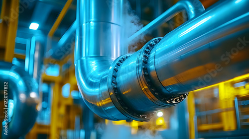 Industrial plant pipes steaming, close-up photo