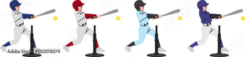 Tボールでバッティングをする野球少年のイラストセット