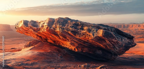 Ancient, weathered rock formation standing alone in a vast desert, with intense red and orange colors reflecting off the surface as the sun sets.