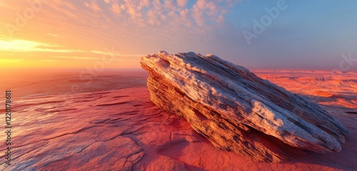 Ancient, weathered rock formation standing alone in a vast desert, with intense red and orange colors reflecting off the surface as the sun sets.