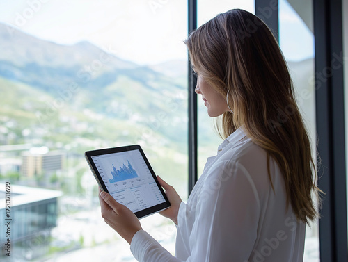 A CEO in a luxurious office standing beside a panoramic window, holding a tablet displaying quarterly results photo