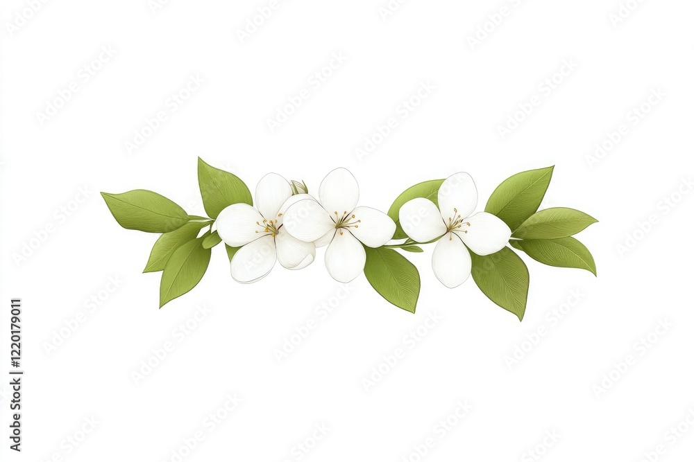 Elegant floral arrangement featuring white blossoms and green leaves on a clean background for decoration Elegant floral arrangement featuring white blossoms and green leaves on a clean background for decoration