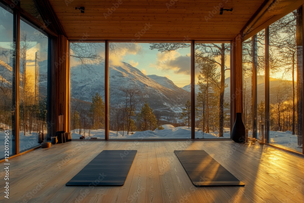 Fototapeta premium Mountain cabin yoga studio offers serene retreat with stunning views at sunset
