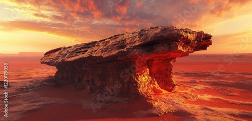 Ancient, weathered rock formation standing alone in a vast desert, with intense red and orange colors reflecting off the surface as the sun sets.