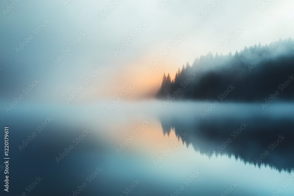 Fototapeta premium Shimmering mist with faint rainbow over tranquil water at dawn