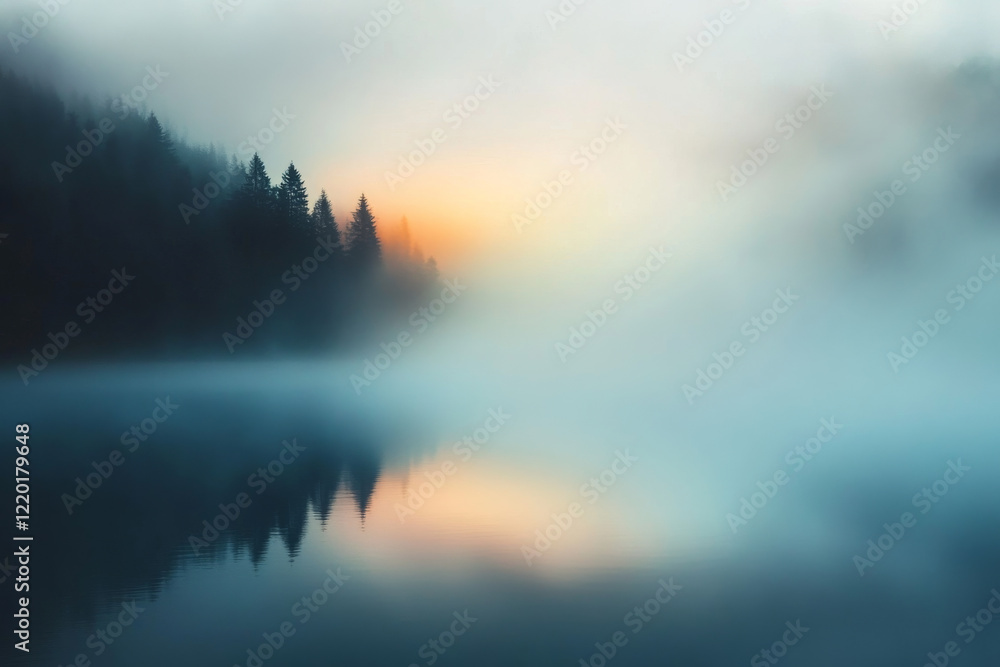 Fototapeta premium Shimmering mist and a faint rainbow at dawn over a tranquil lake surrounded by trees