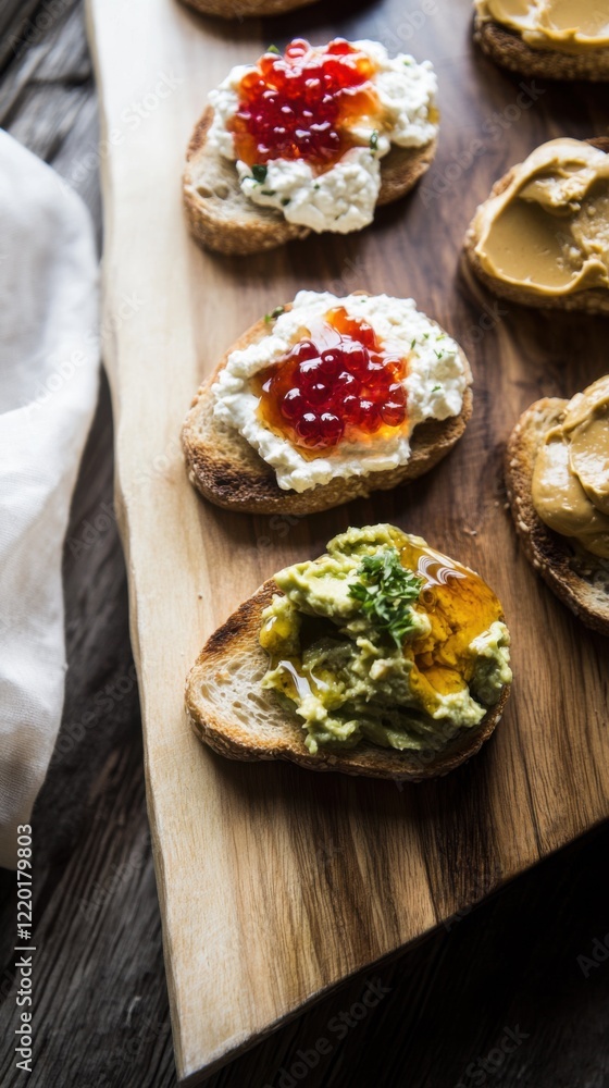 Delicious toasts topped with various spreads served on wooden board