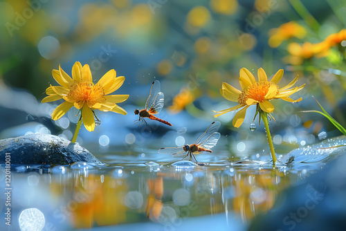 springtime nature scenes, dragonflies flitting above glistening streams, dandelions puffing in the fields, and the lively promise of spring encapsulated in each moment photo