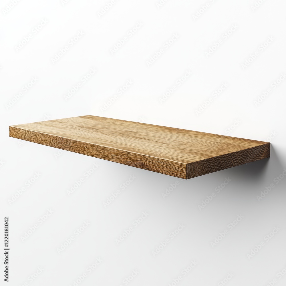 Simple, light oak wood floating shelf mounted on a white wall. (1) Simple, light oak wood floating shelf mounted on a white wall. (1)