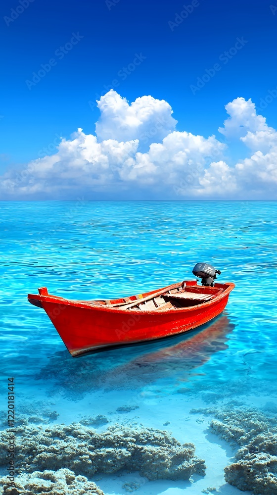 Serene Seascape: Red Boat on a Turquoise Ocean Serene Seascape: Red Boat on a Turquoise Ocean