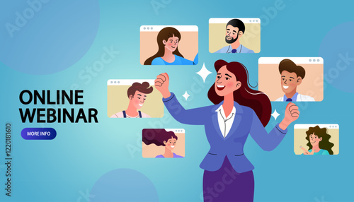 Online webinar and virtual business conference concept. A female speaker or host leads a remote presentation with a diverse team in video call windows.