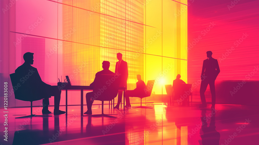 Silhouetted Business Meeting in Vibrant Sunset Office | Corporate Collaboration Illustration