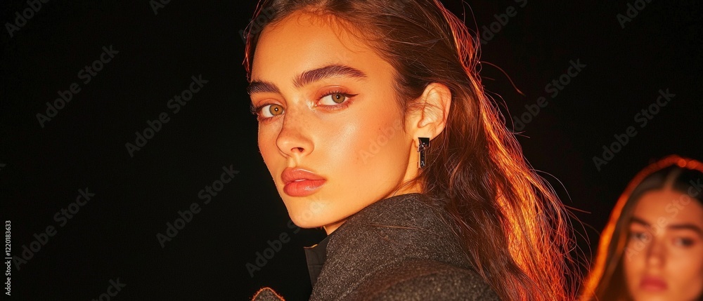 Fototapeta premium Stylish Woman Fashion Model Portrait Closeup Catwalk Runway Hair Coat Brown Hair G