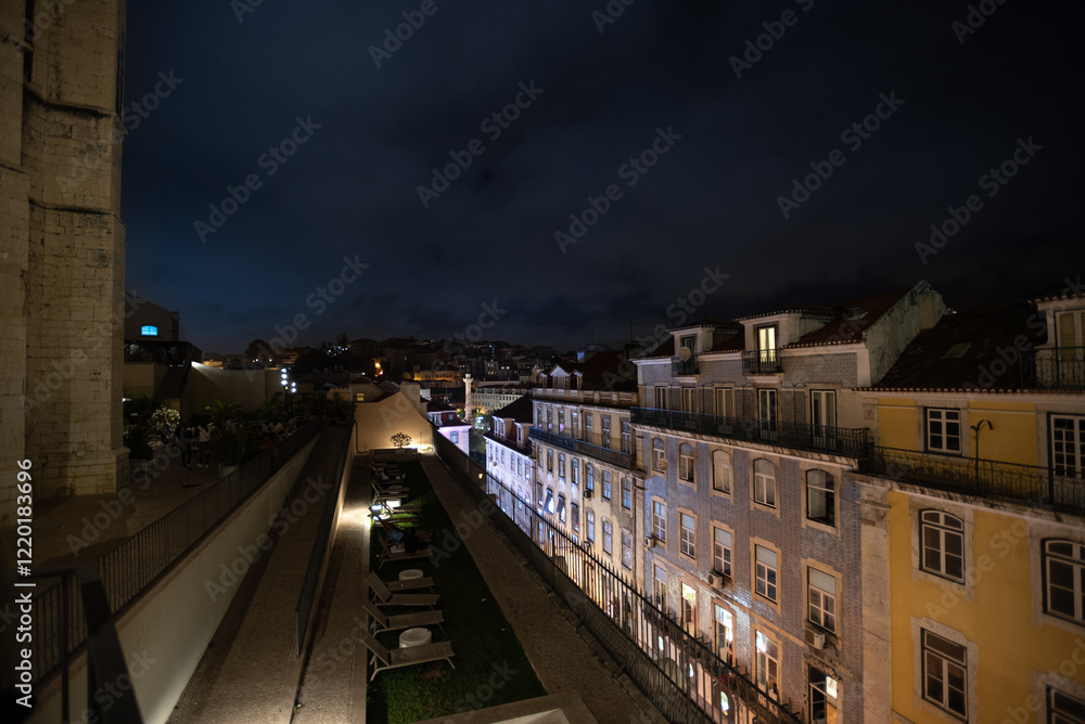 Illuminated Facades from Santa Justa Elevator by Night - Lisbon, Portugal Illuminated Facades from Santa Justa Elevator by Night - Lisbon, Portugal