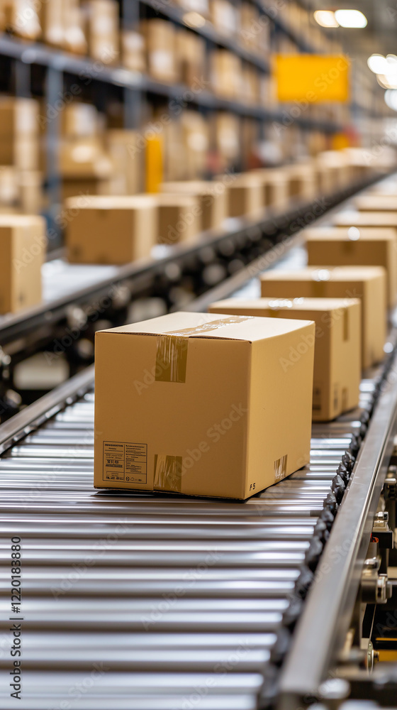 Cardboard boxes on conveyor belt in distribution warehouse
Cardboard boxes on conveyor belt in distribution warehouse