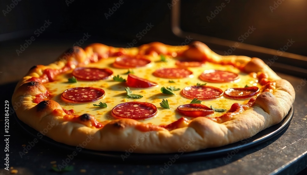 Delicious pepperoni pizza fresh from the oven, topped with herbs and cheese. Delicious pepperoni pizza fresh from the oven, topped with herbs and cheese.