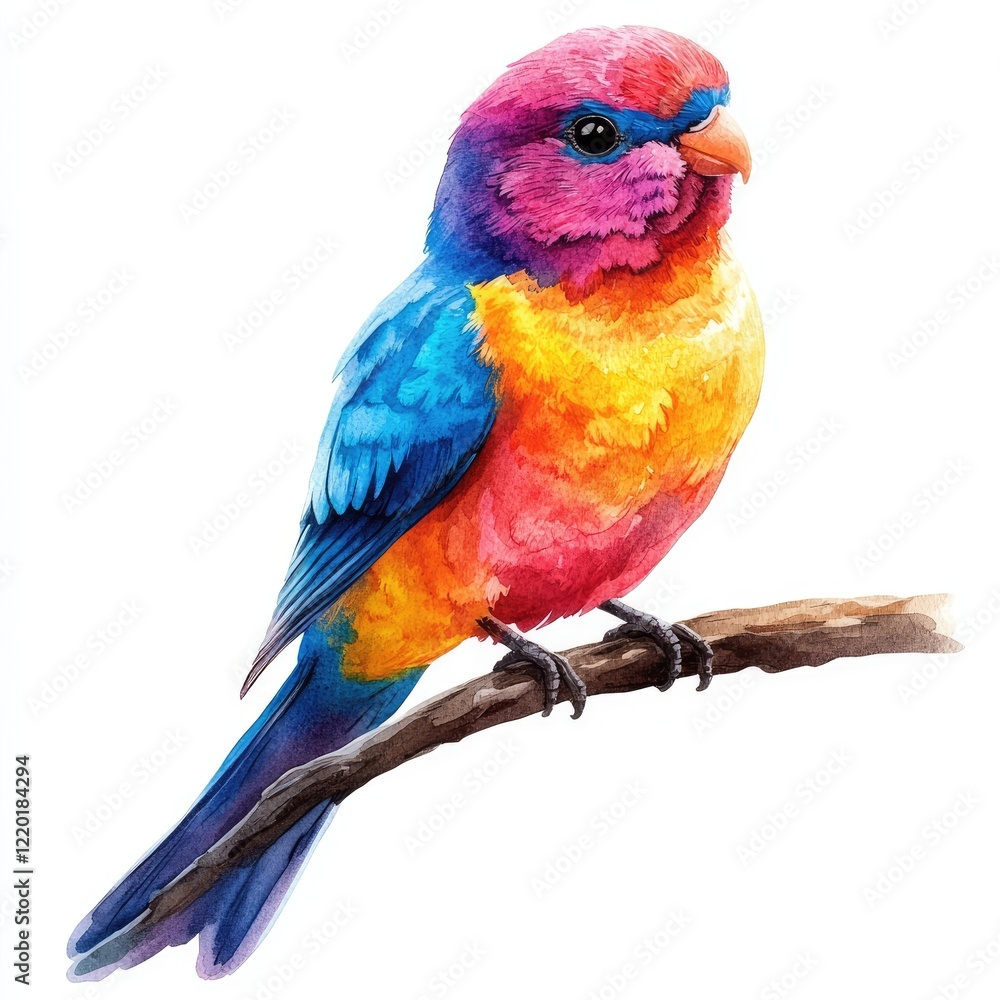 Obraz premium Vibrant watercolor illustration of a colorful bird perched on a branch, showcasing its vivid plumage