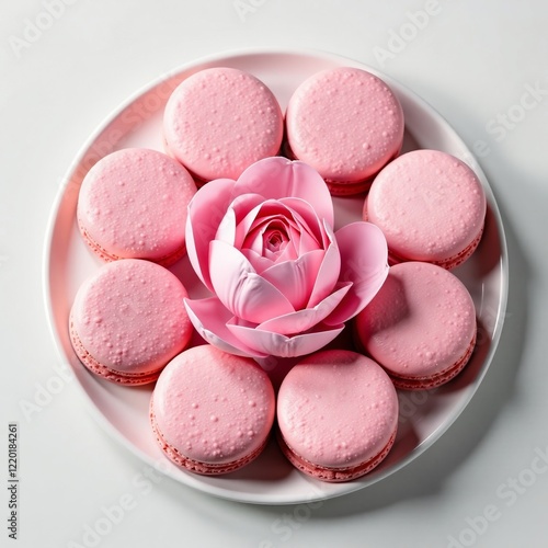 Delicious pink macarons arranged with a beautiful pink flower centerpiece. photo