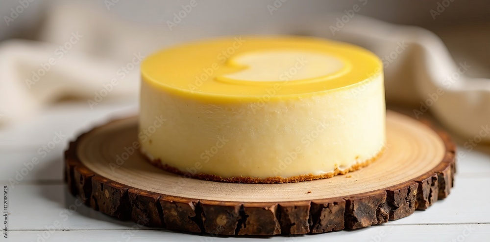 Delicious yellow cheesecake on a wooden plate, perfect for dessert lovers. Delicious yellow cheesecake on a wooden plate, perfect for dessert lovers.