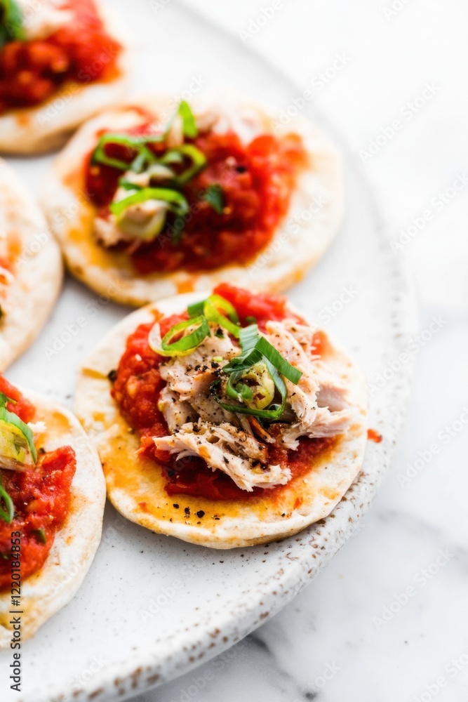 Hearty flatbreads topped with tomato sauce, tuna, and green onions Hearty flatbreads topped with tomato sauce, tuna, and green onions
